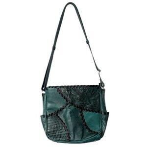 American West Genuine Leather Teal Brown Handbag Bag Shoulder Embossed Woven Med